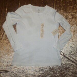 St. John's Bay V Neck~Long Sleeve-Cotton Top/Tee-WHITE ~Medium NWOT